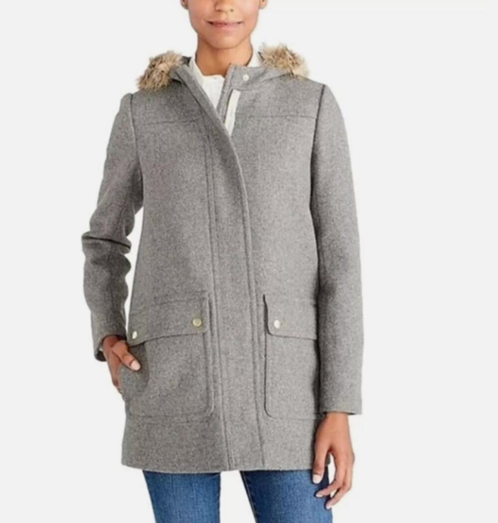 JCrew Vail Faux Fur Hooded Wool Blend Parka Coat WMNS Size 2 Gray Mid Length